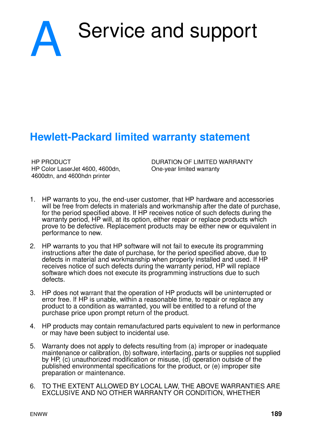 HP 4600hdn 4600n manual Hewlett-Packard limited warranty statement, 189 