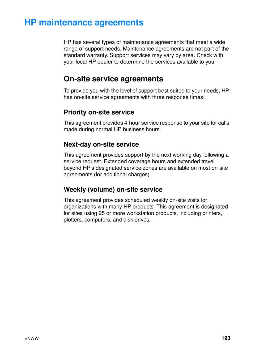 HP 4600 manual HP maintenance agreements, On-site service agreements, Priority on-site service, Next-day on-site service 