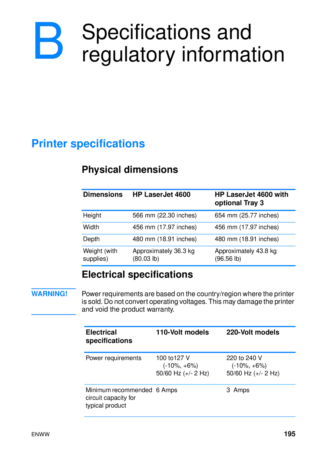 HP 4600hdn 4600n manual Printer specifications, Physical dimensions, Electrical specifications 