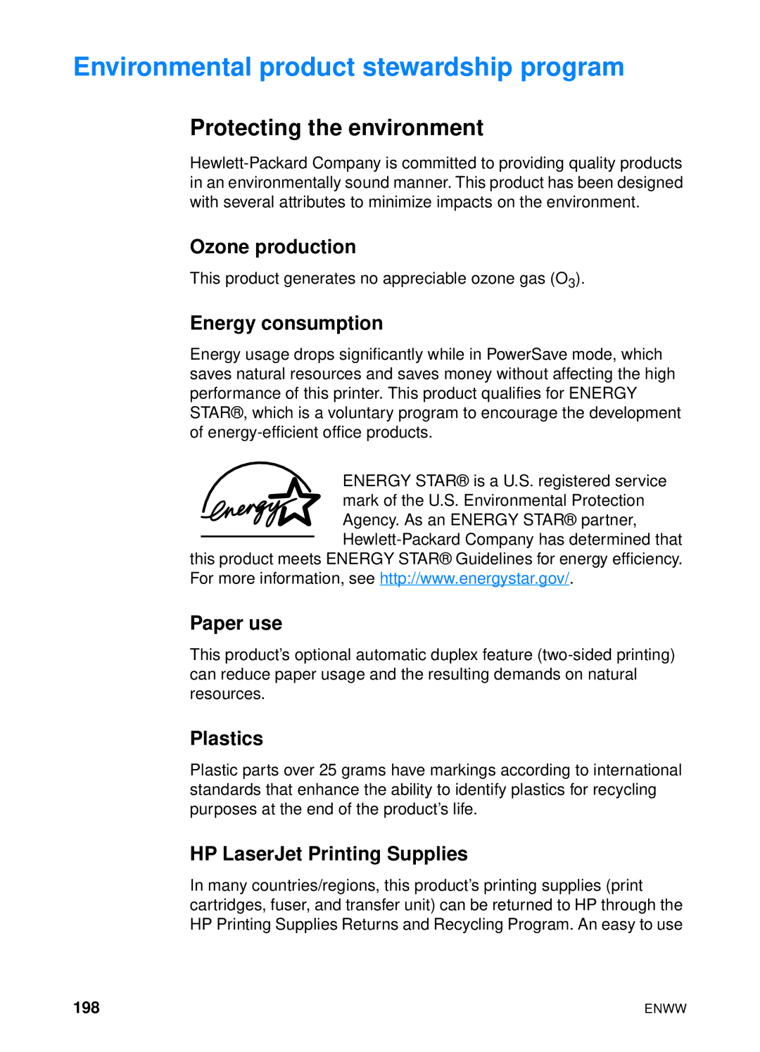 HP 4600hdn 4600n manual Environmental product stewardship program, Protecting the environment 