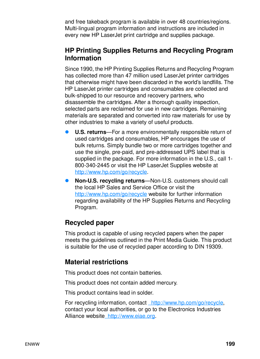 HP 4600hdn 4600n manual Recycled paper, Material restrictions, 199 