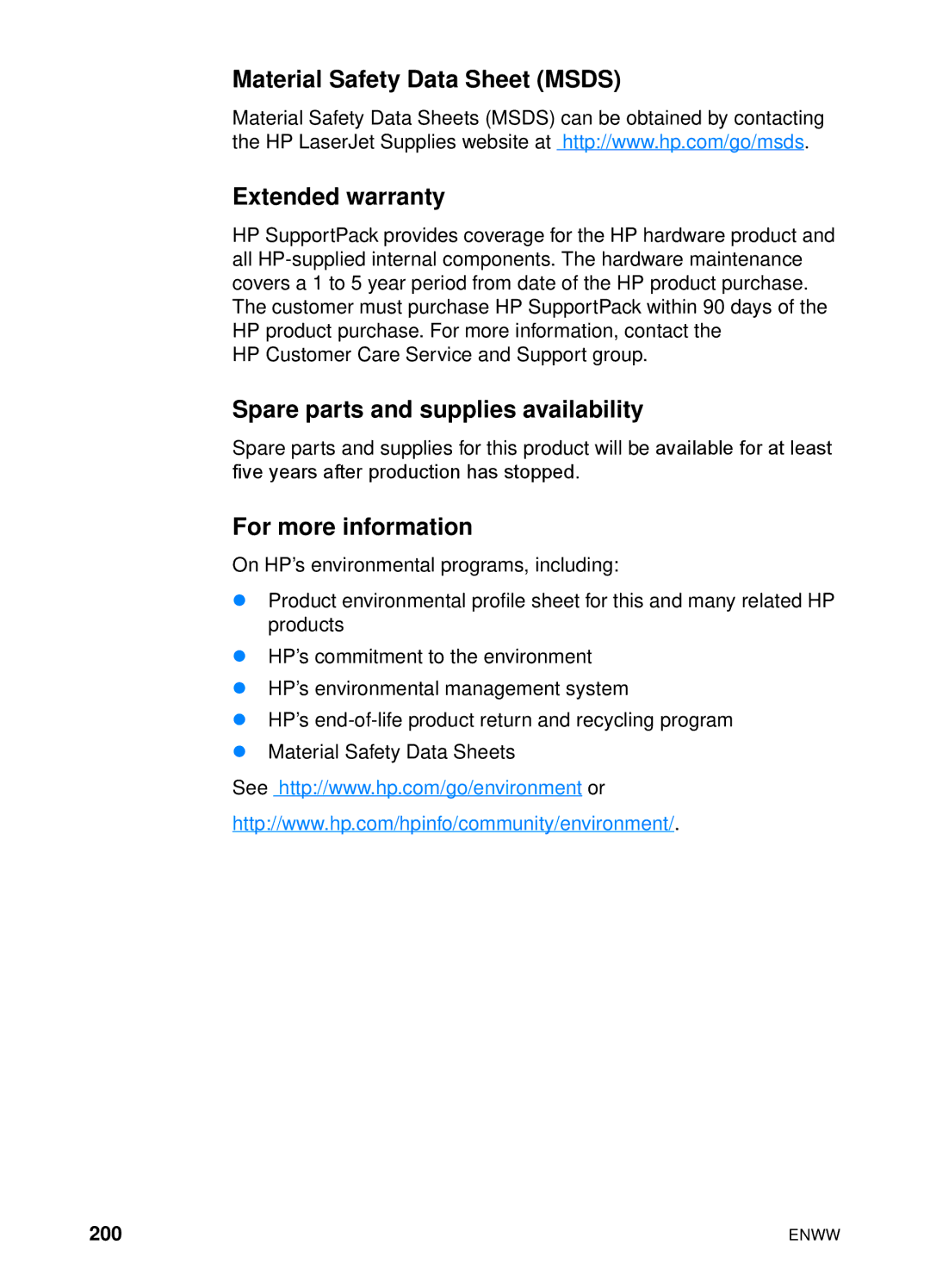 HP 4600hdn 4600n manual Material Safety Data Sheet Msds Extended warranty, Spare parts and supplies availability, 200 