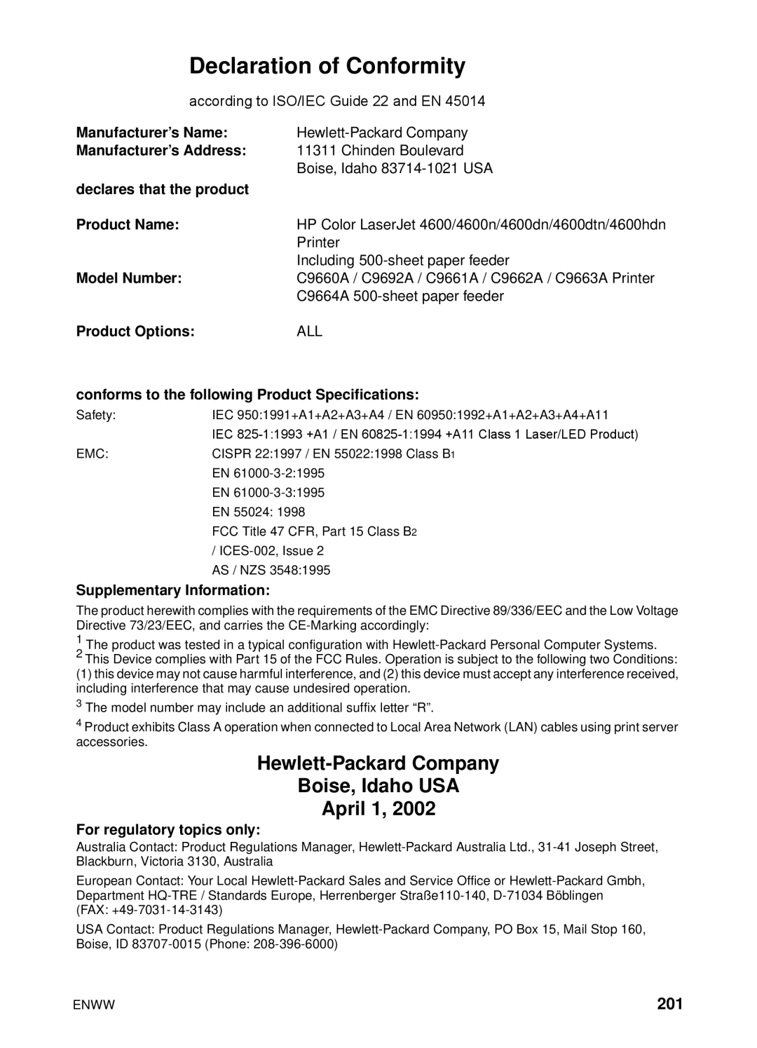 HP 4600hdn 4600n manual Declaration of Conformity, Hewlett-Packard Company Boise, Idaho USA April 1, 201 