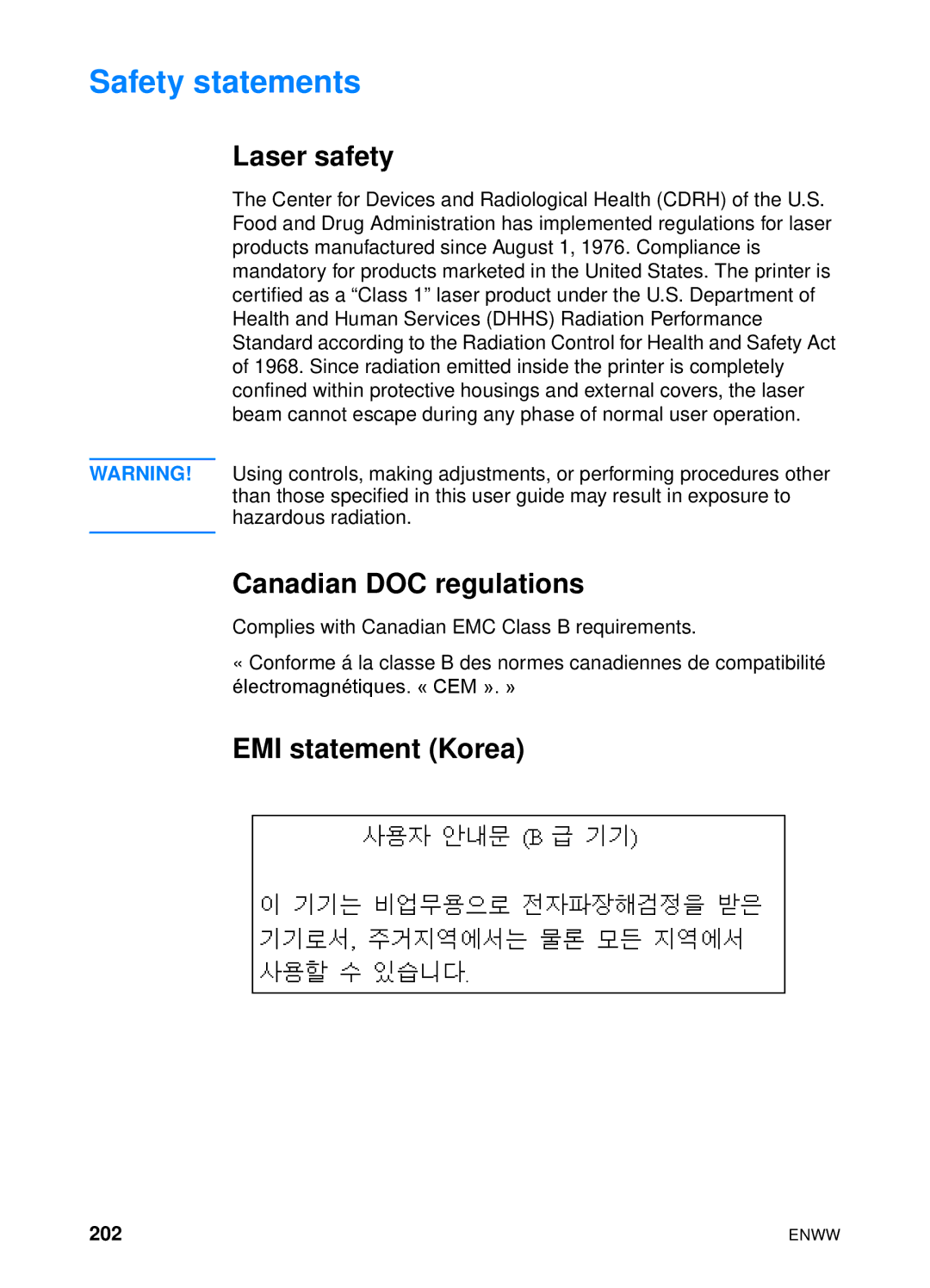 HP 4600hdn 4600n manual Safety statements, Laser safety, Canadian DOC regulations, EMI statement Korea, 202 