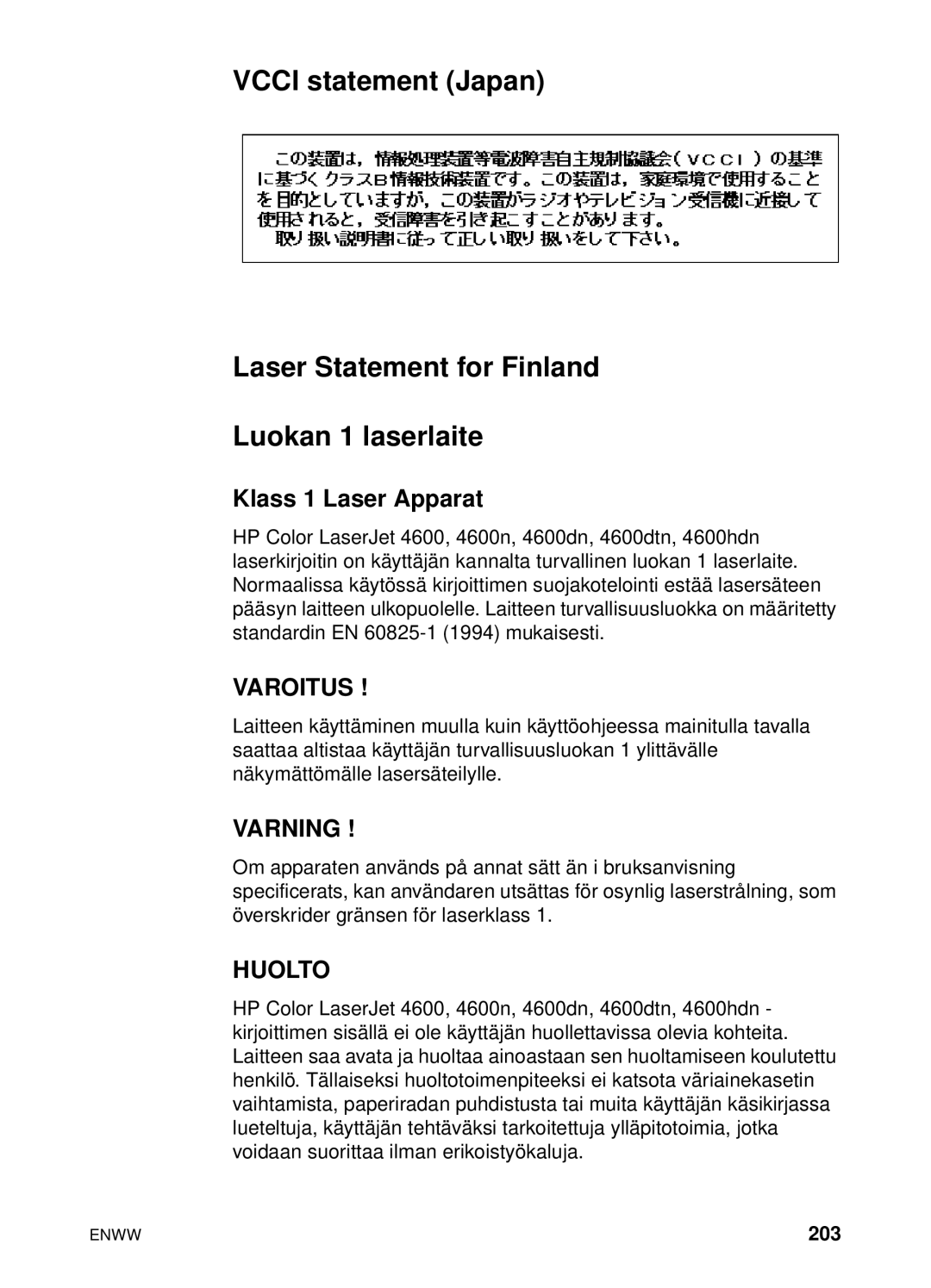 HP 4600hdn 4600n manual Klass 1 Laser Apparat, 203 