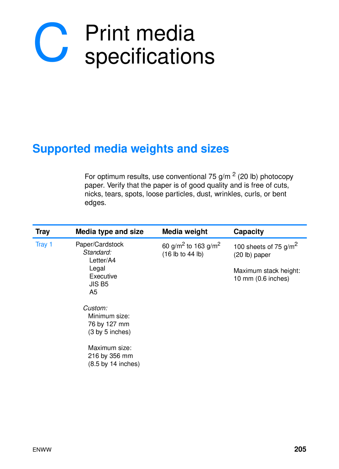 HP 4600hdn 4600n manual Supported media weights and sizes, Tray Media type and size Media weight Capacity, 205 