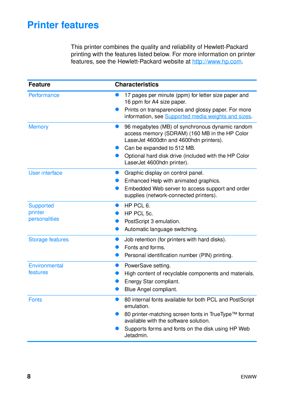 HP 4600hdn 4600n manual Printer features, Feature Characteristics 