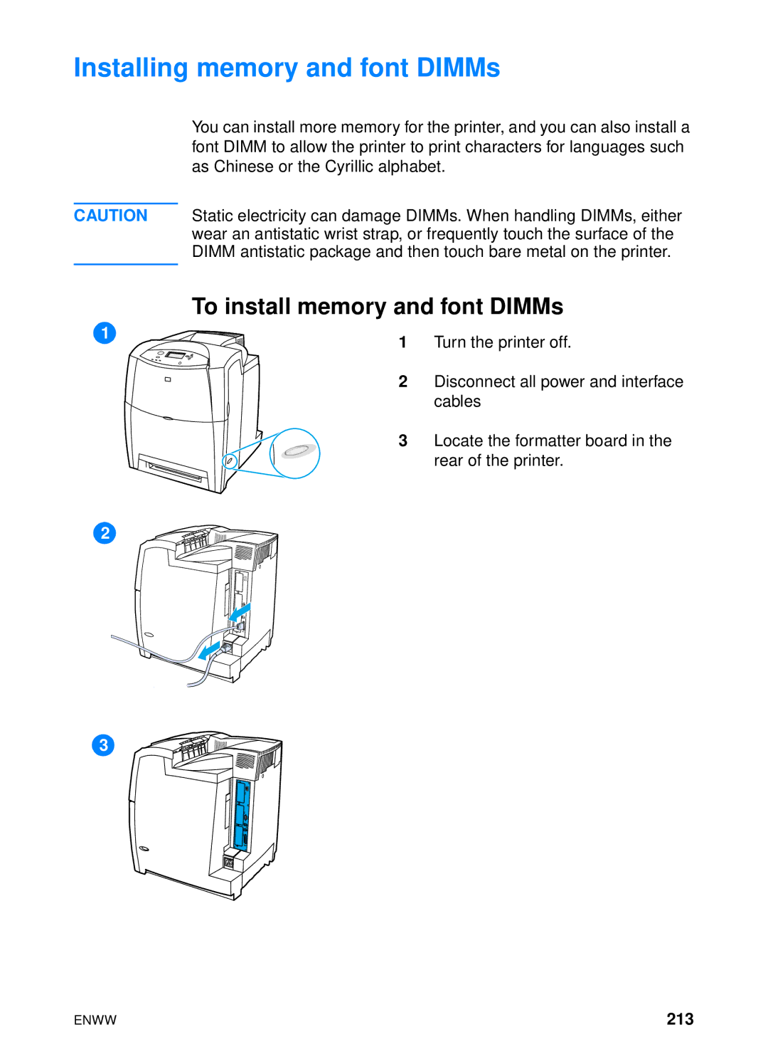 HP 4600hdn 4600n manual Installing memory and font DIMMs, To install memory and font DIMMs, 213 