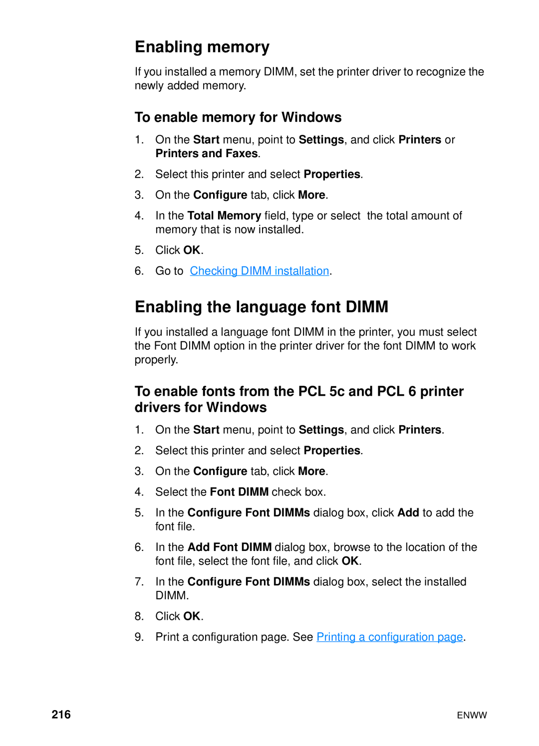 HP 4600hdn 4600n manual Enabling memory, Enabling the language font Dimm, To enable memory for Windows, 216 