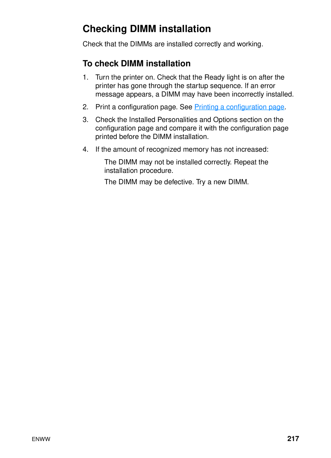 HP 4600hdn 4600n manual Checking Dimm installation, To check Dimm installation, 217 