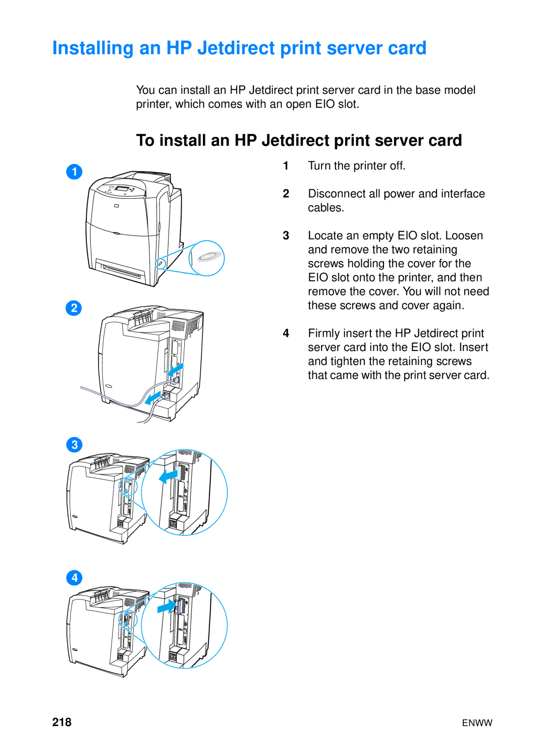 HP 4600hdn 4600n manual Installing an HP Jetdirect print server card, To install an HP Jetdirect print server card, 218 