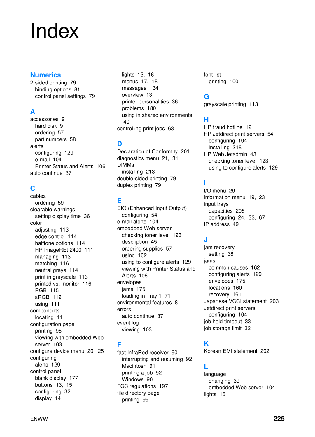 HP 4600hdn 4600n manual Index, 225 