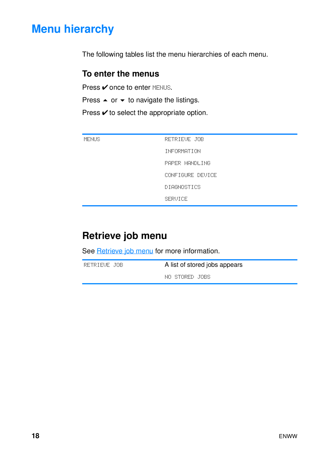 HP 4600hdn 4600n manual Menu hierarchy, Retrieve job menu, To enter the menus 