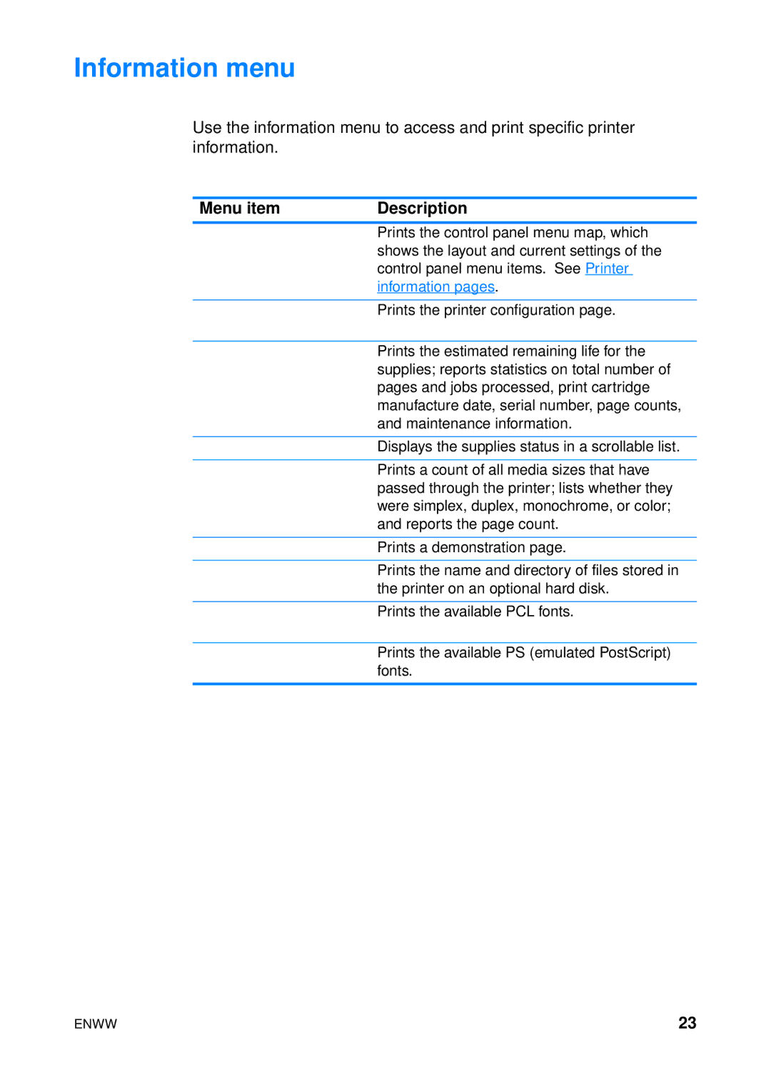 HP 4600hdn 4600n manual Information menu, Information pages 