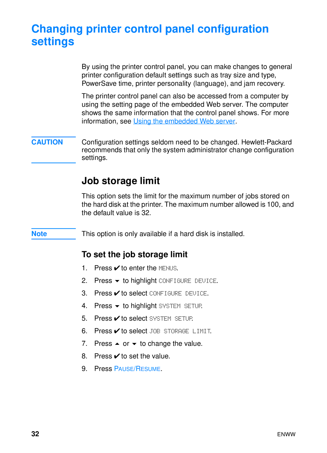 HP 4600hdn 4600n Changing printer control panel configuration settings, Job storage limit, To set the job storage limit 