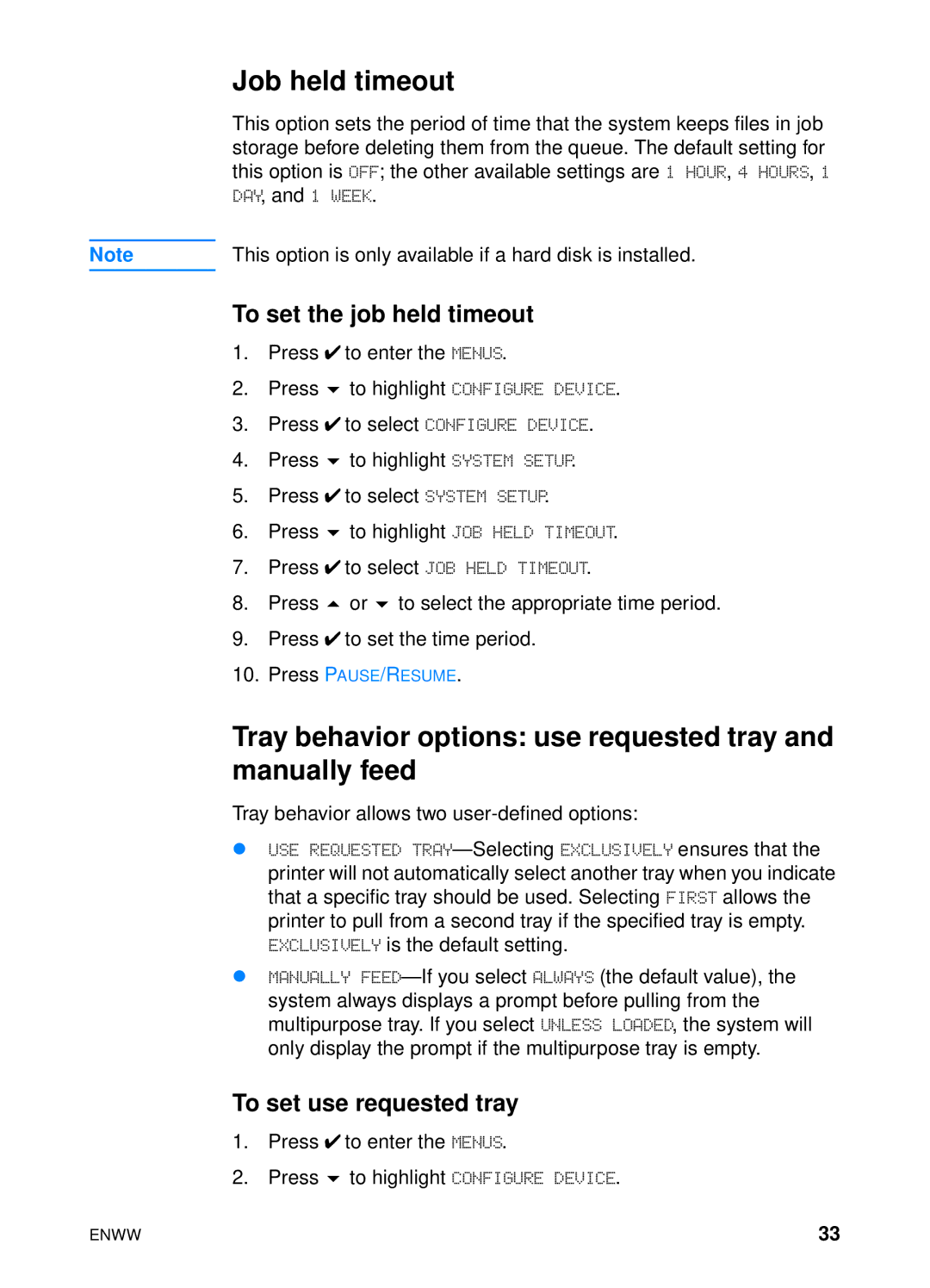 HP 4600 Job held timeout, Tray behavior options use requested tray and manually feed, To set the job held timeout 