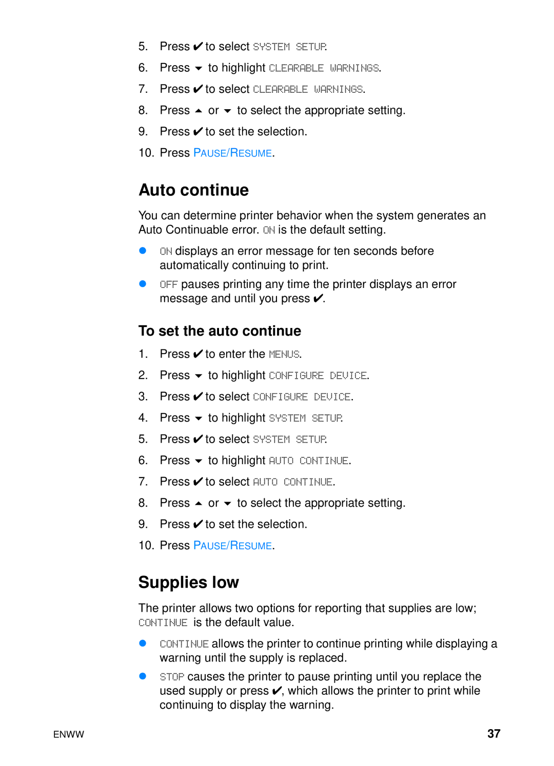 HP 4600hdn 4600n manual Auto continue, Supplies low, To set the auto continue 