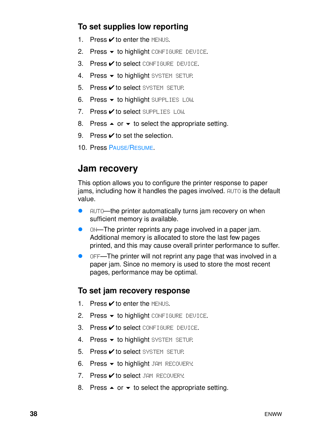 HP 4600hdn 4600n manual Jam recovery, To set supplies low reporting, To set jam recovery response 