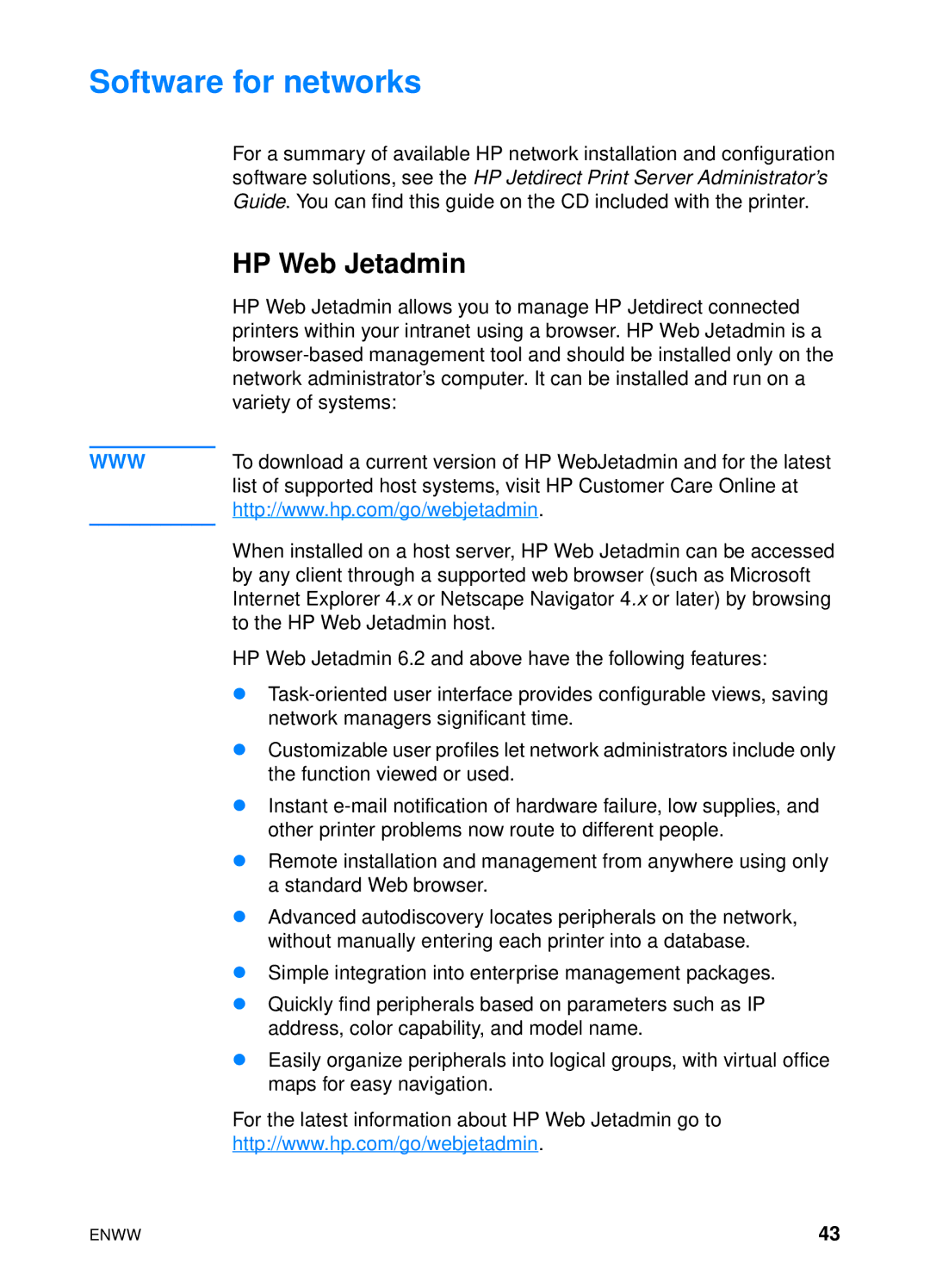 HP 4600hdn 4600n manual Software for networks, HP Web Jetadmin 