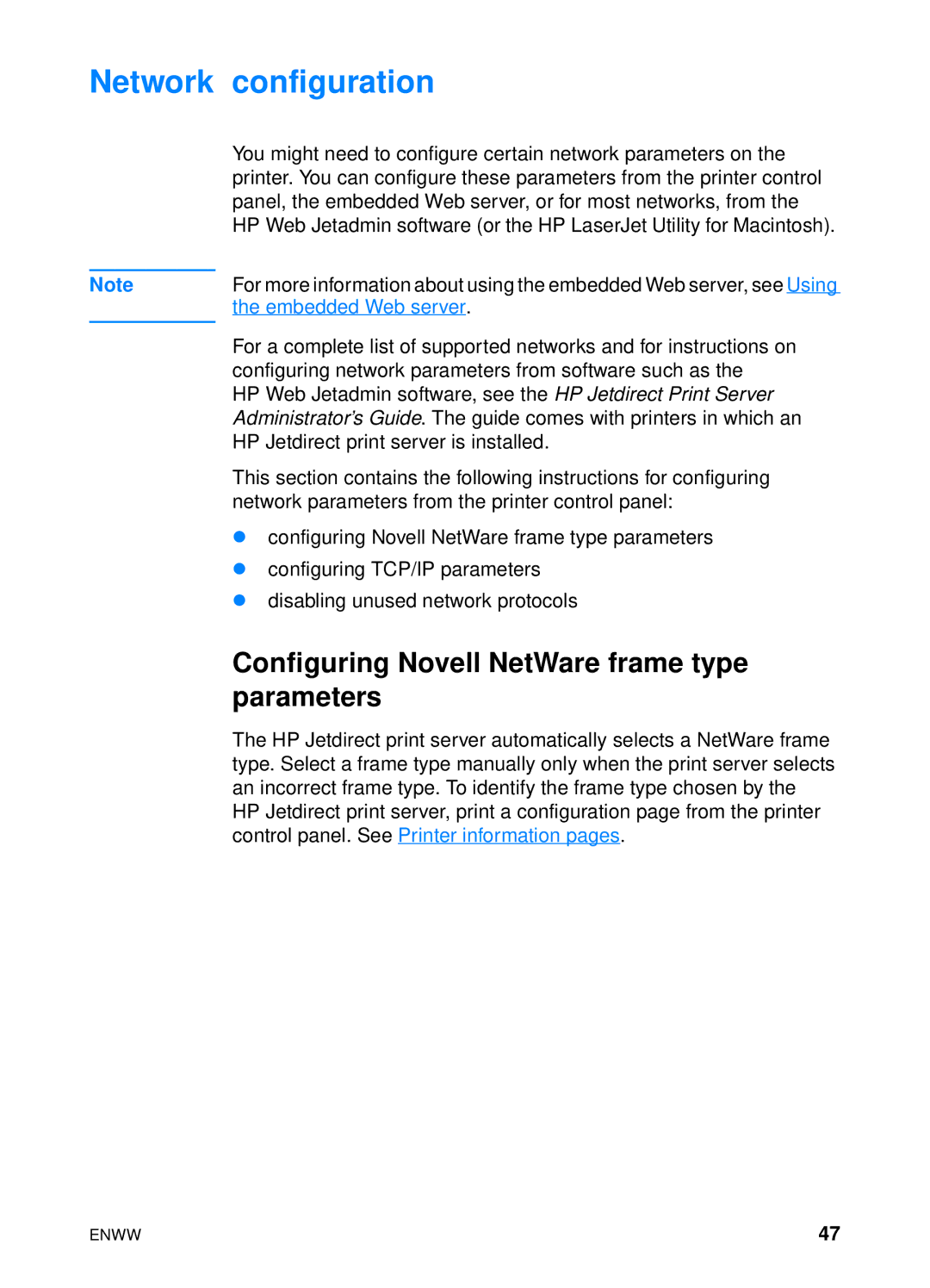 HP 4600hdn 4600n manual Network configuration, Configuring Novell NetWare frame type, Parameters 