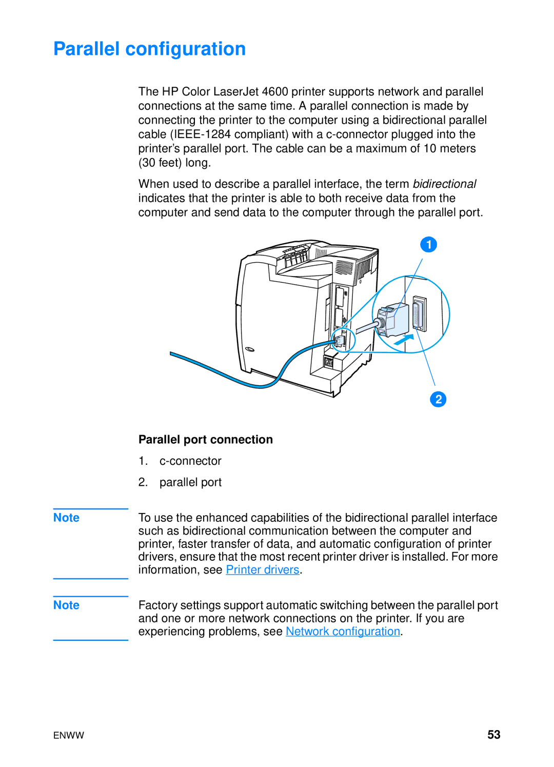 HP 4600hdn 4600n manual Parallel configuration, Parallel port connection 