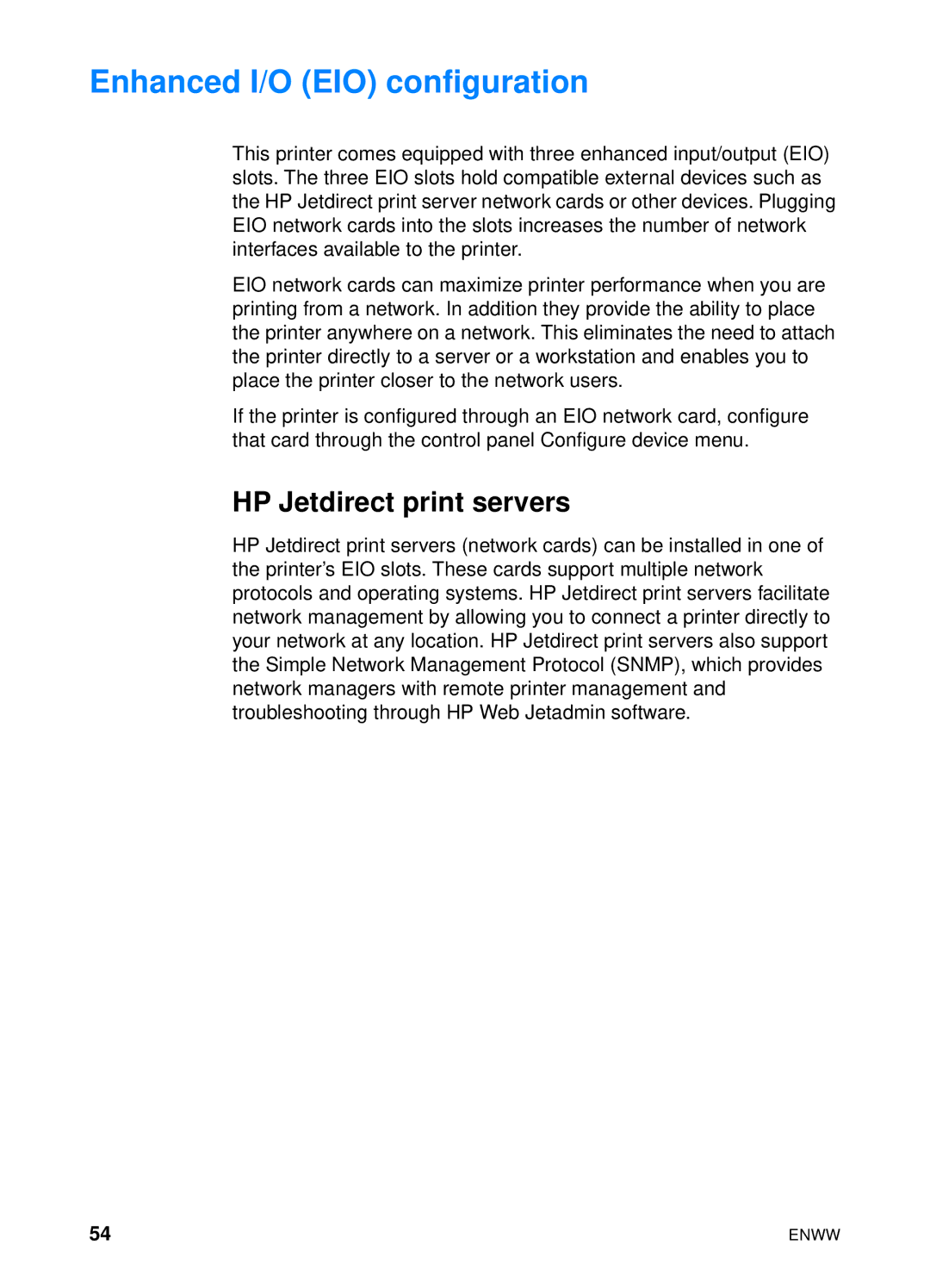 HP 4600hdn 4600n manual Enhanced I/O EIO configuration, HP Jetdirect print servers 