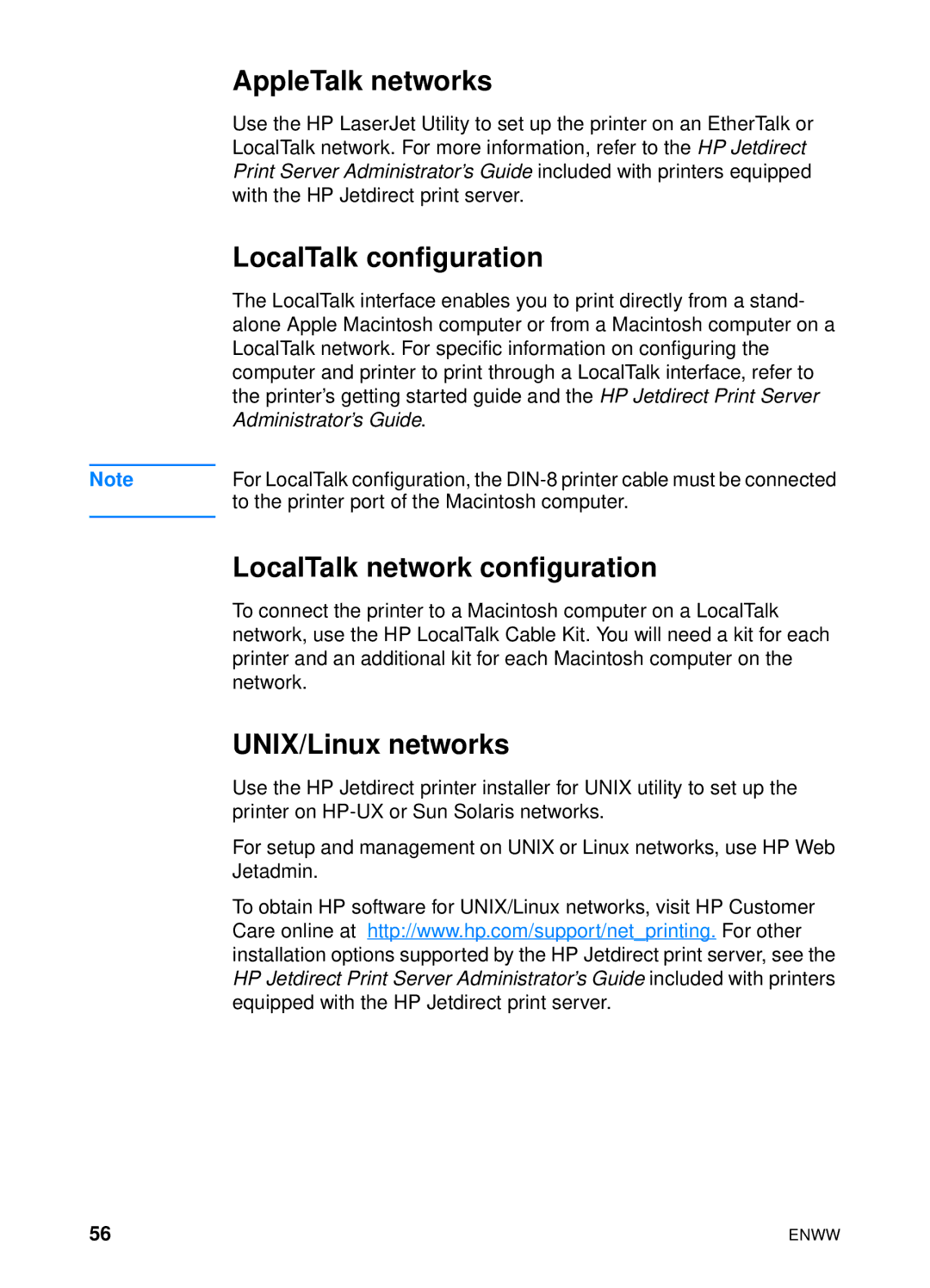 HP 4600hdn 4600n manual AppleTalk networks, LocalTalk configuration, LocalTalk network configuration, UNIX/Linux networks 