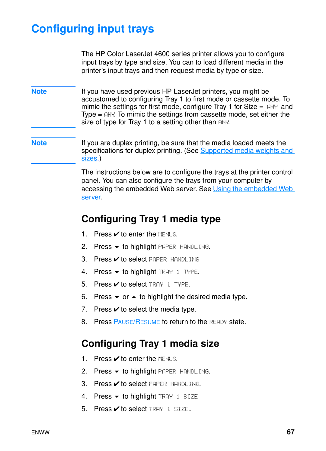 HP 4600hdn 4600n manual Configuring input trays, Configuring Tray 1 media type, Configuring Tray 1 media size 