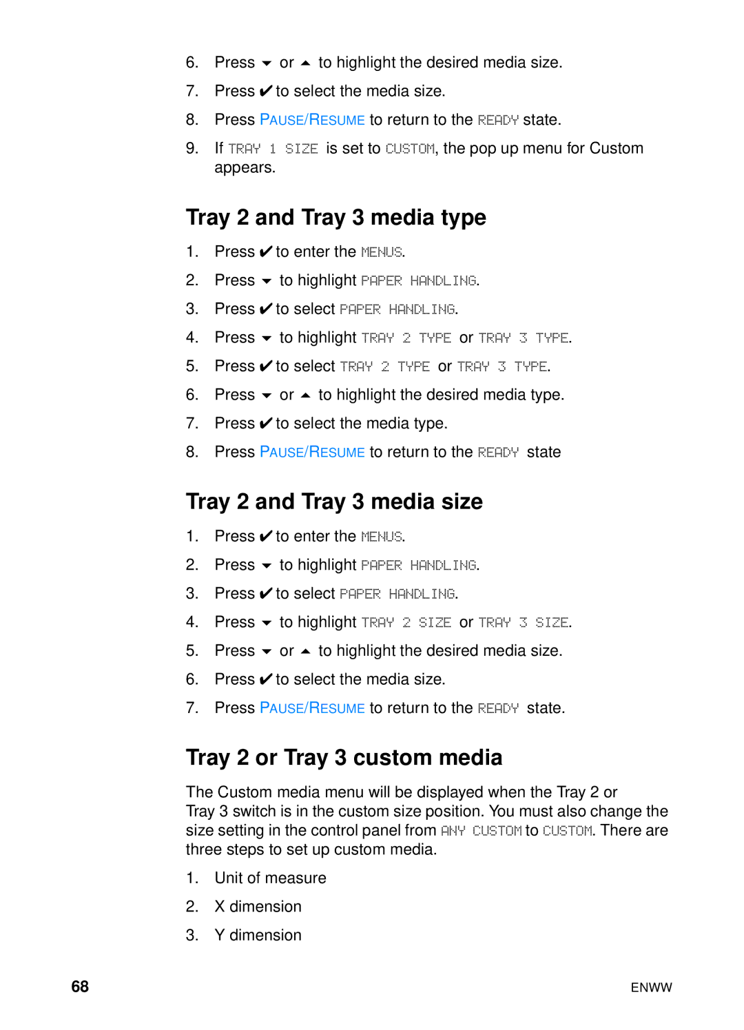 HP 4600hdn 4600n manual Tray 2 and Tray 3 media type, Tray 2 and Tray 3 media size, Tray 2 or Tray 3 custom media 