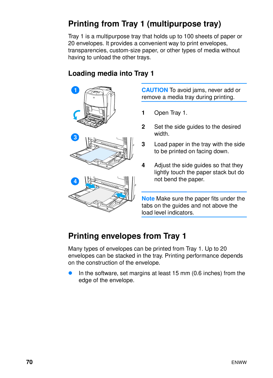 HP 4600hdn 4600n manual Printing from Tray 1 multipurpose tray, Printing envelopes from Tray, Loading media into Tray 