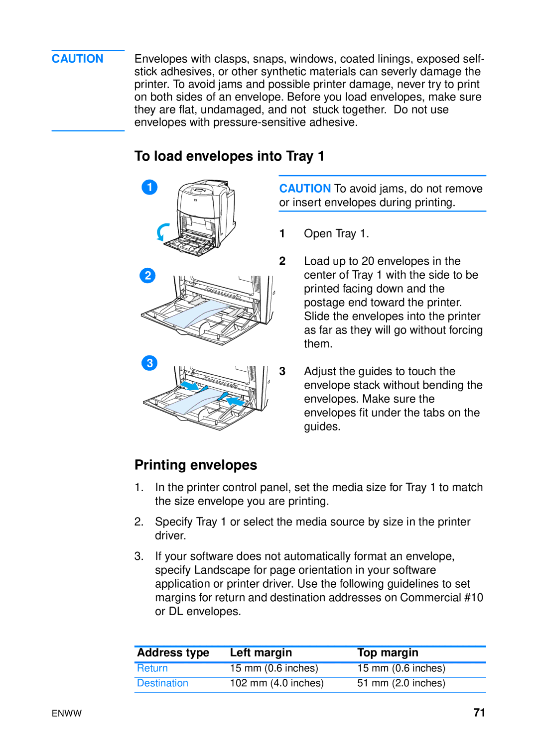 HP 4600 manual To load envelopes into Tray, Printing envelopes, Address type Left margin Top margin, Return, Destination 