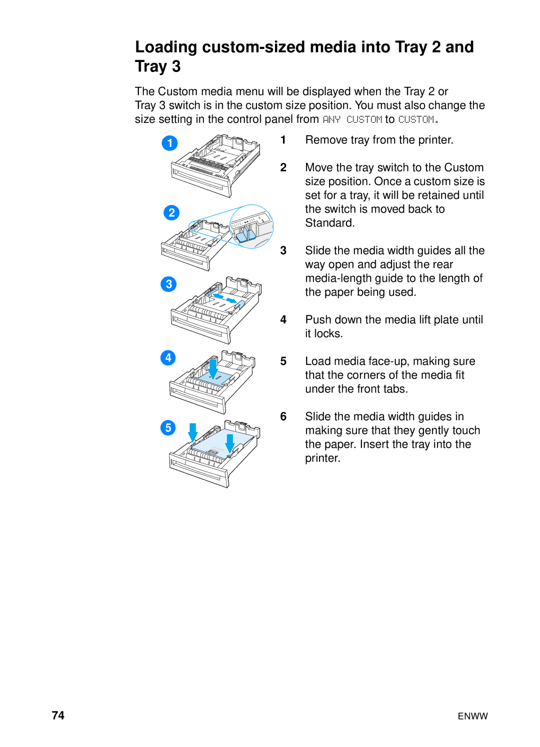 HP 4600hdn 4600n manual Loading custom-sized media into Tray 2 and Tray 