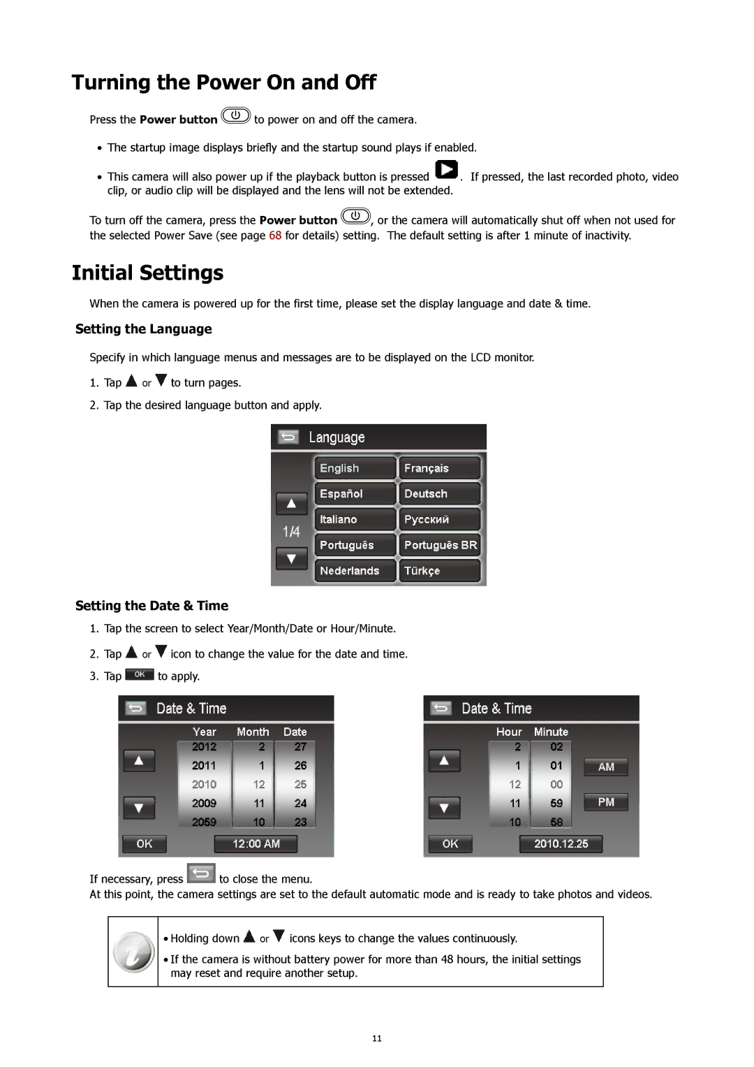 HP 460t manual Turning the Power On and Off, Initial Settings 