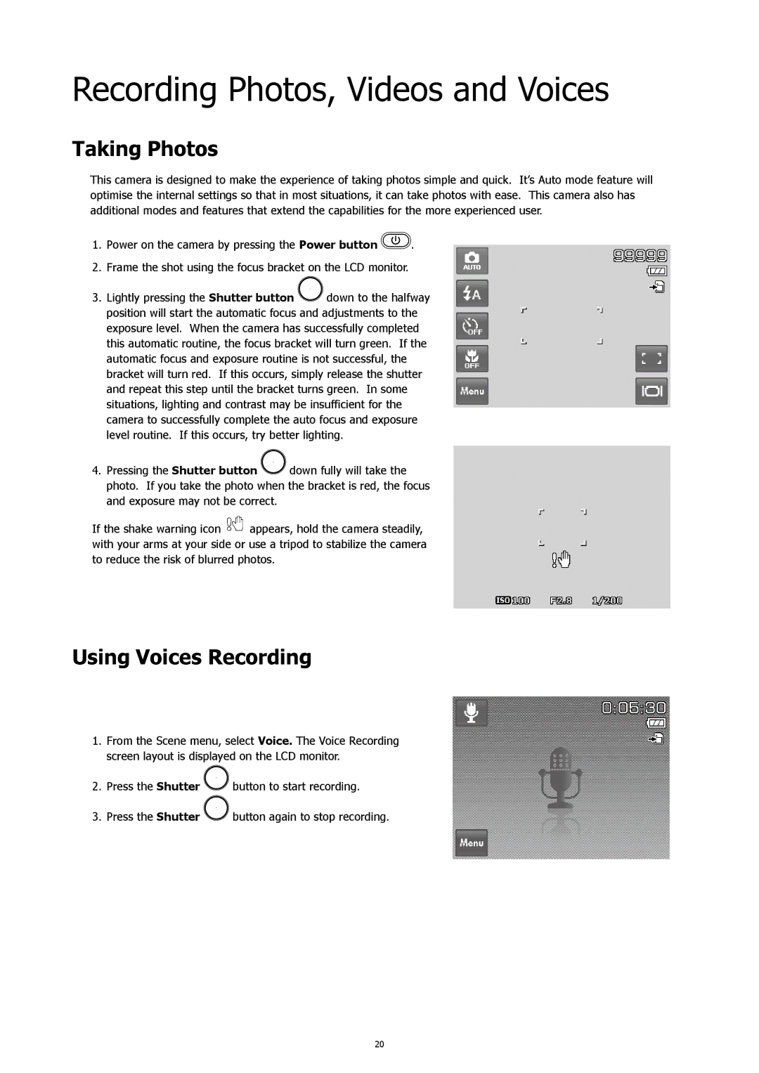 HP 460t manual Recording Photos, Videos and Voices, Taking Photos, Using Voices Recording 