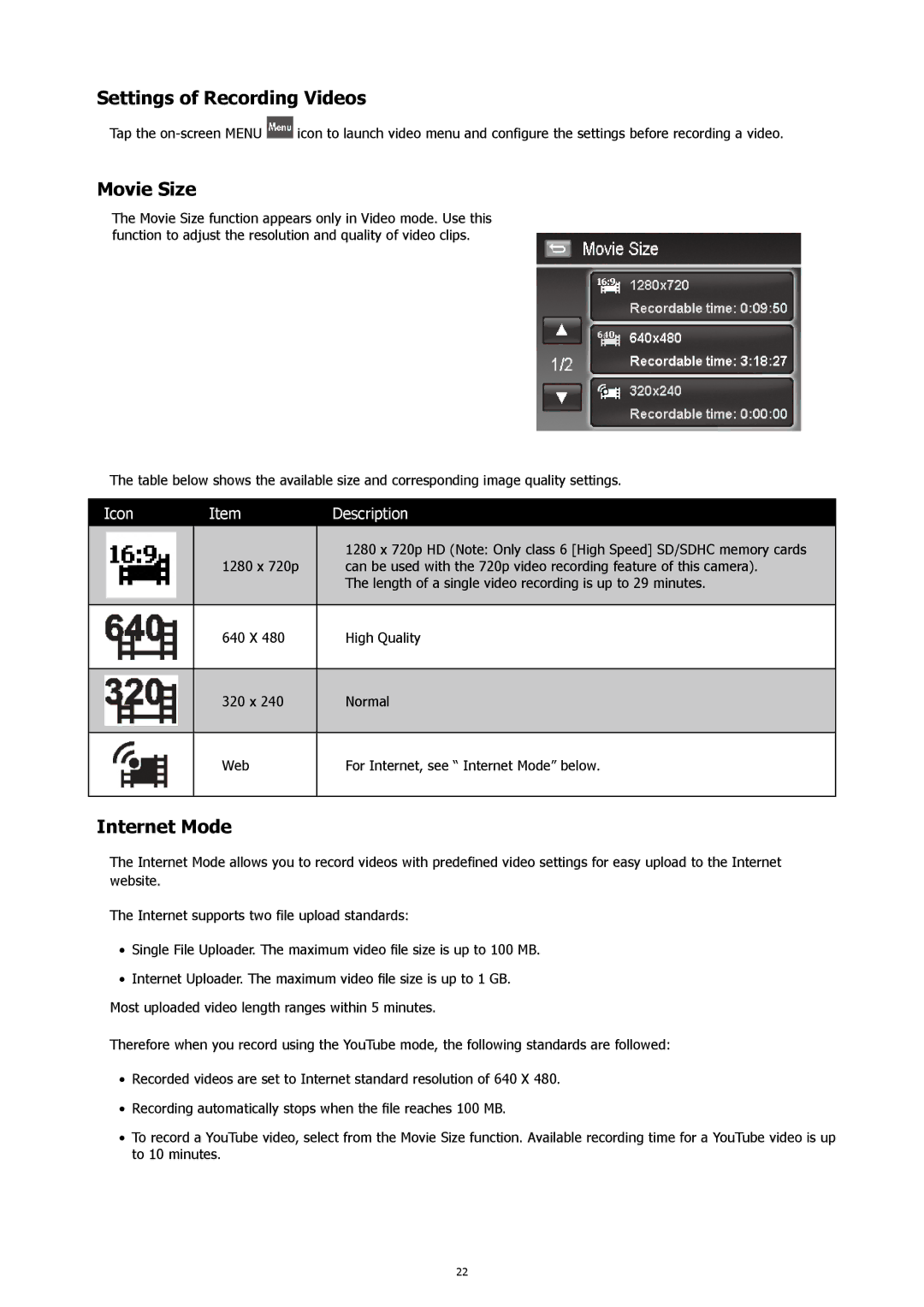 HP 460t manual Settings of Recording Videos, Movie Size, Internet Mode 