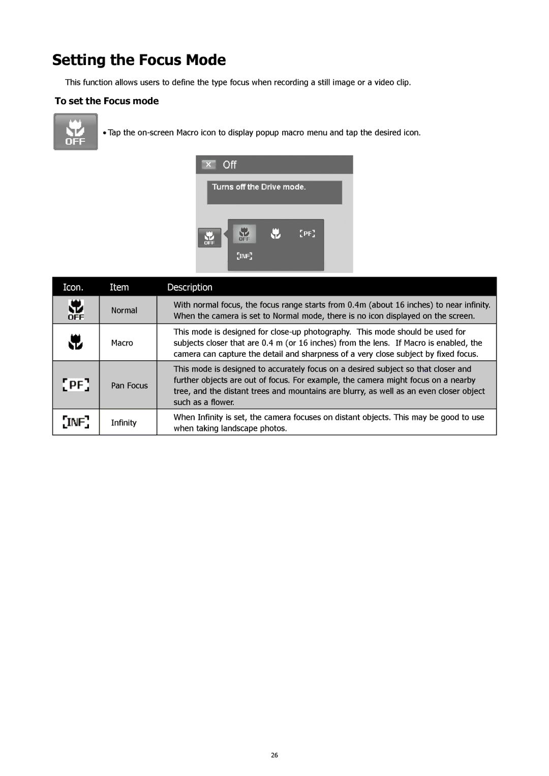 HP 460t manual Setting the Focus Mode, To set the Focus mode 