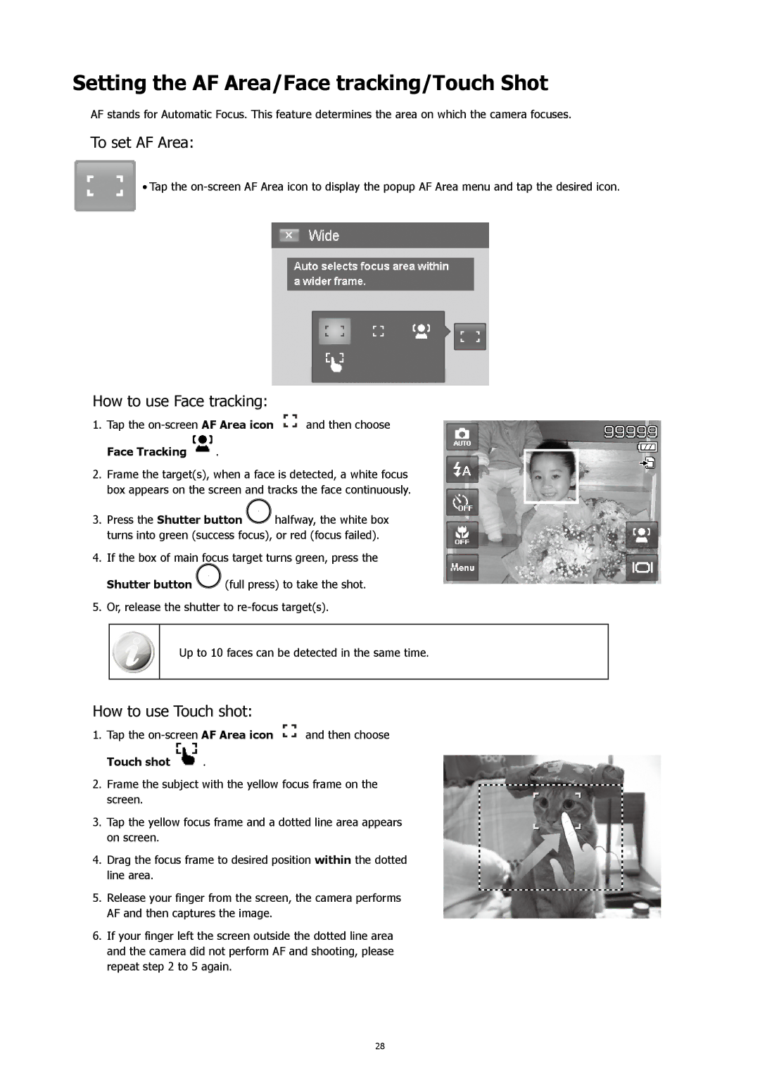 HP 460t Setting the AF Area/Face tracking/Touch Shot, To set AF Area, How to use Face tracking, How to use Touch shot 