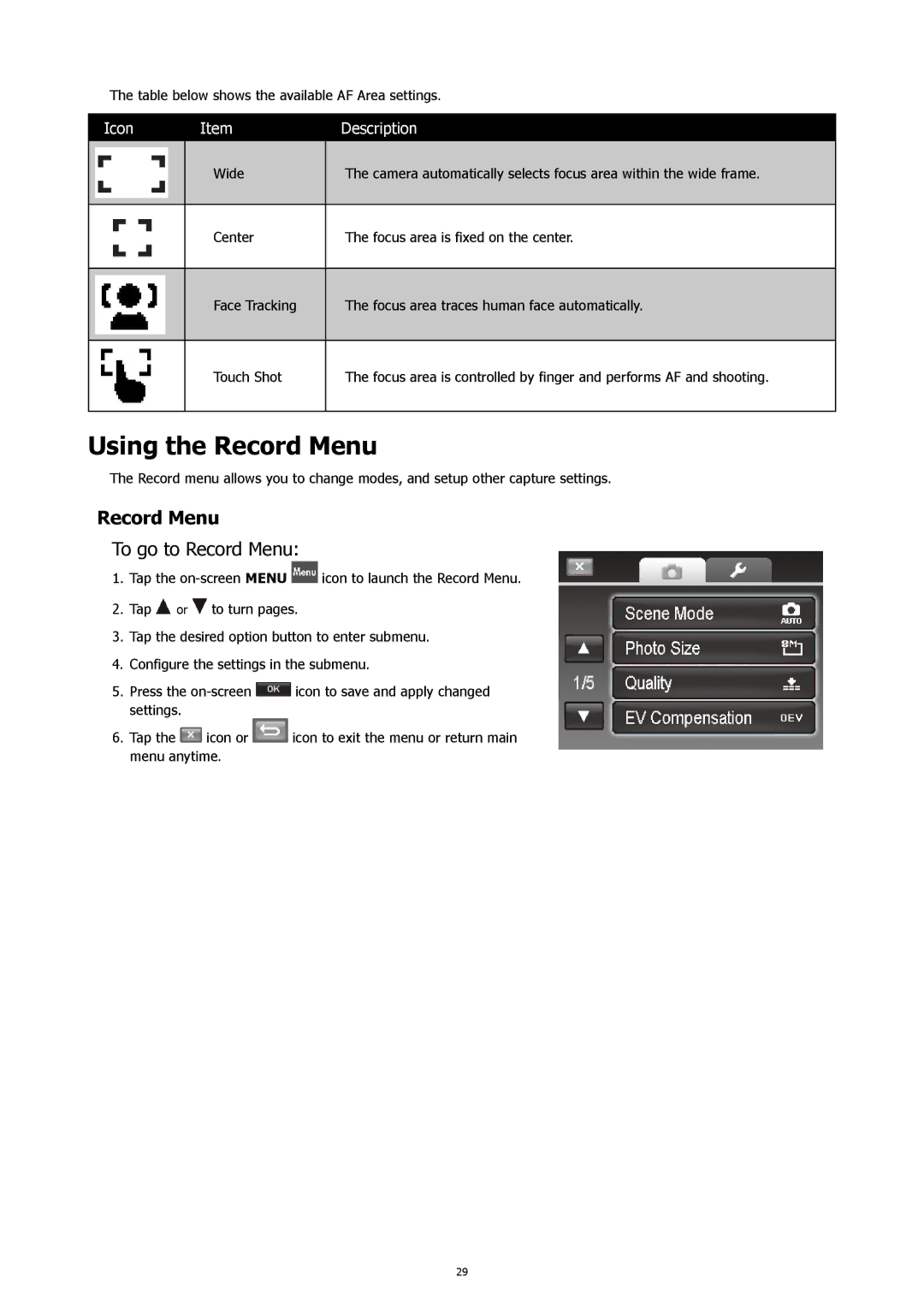 HP 460t manual Using the Record Menu, To go to Record Menu 