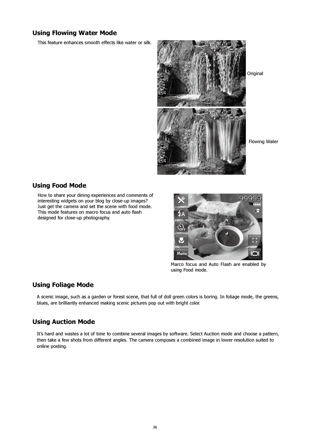 HP 460t manual Using Flowing Water Mode, Using Food Mode, Using Foliage Mode, Using Auction Mode 