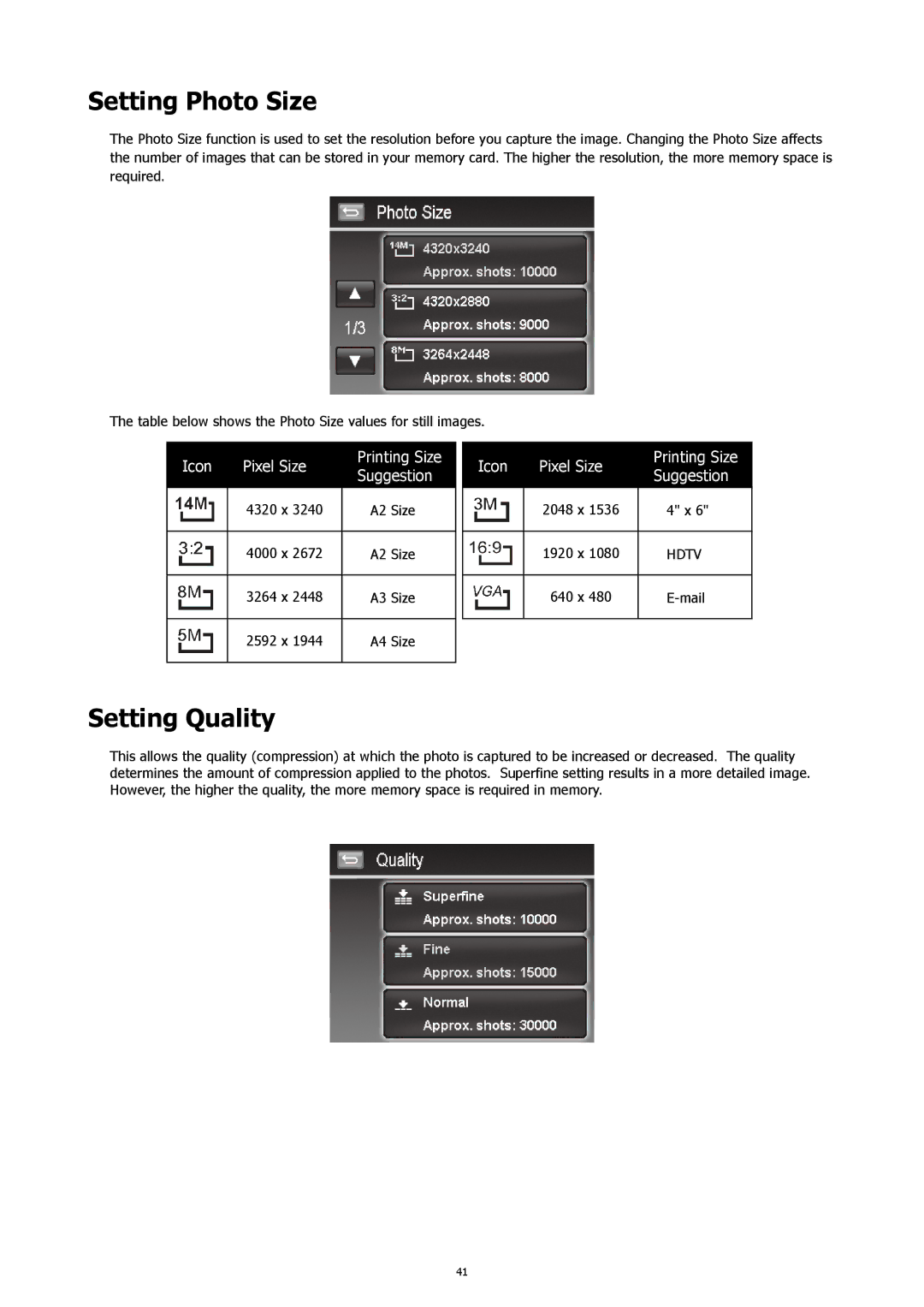 HP 460t manual Setting Photo Size, Setting Quality 