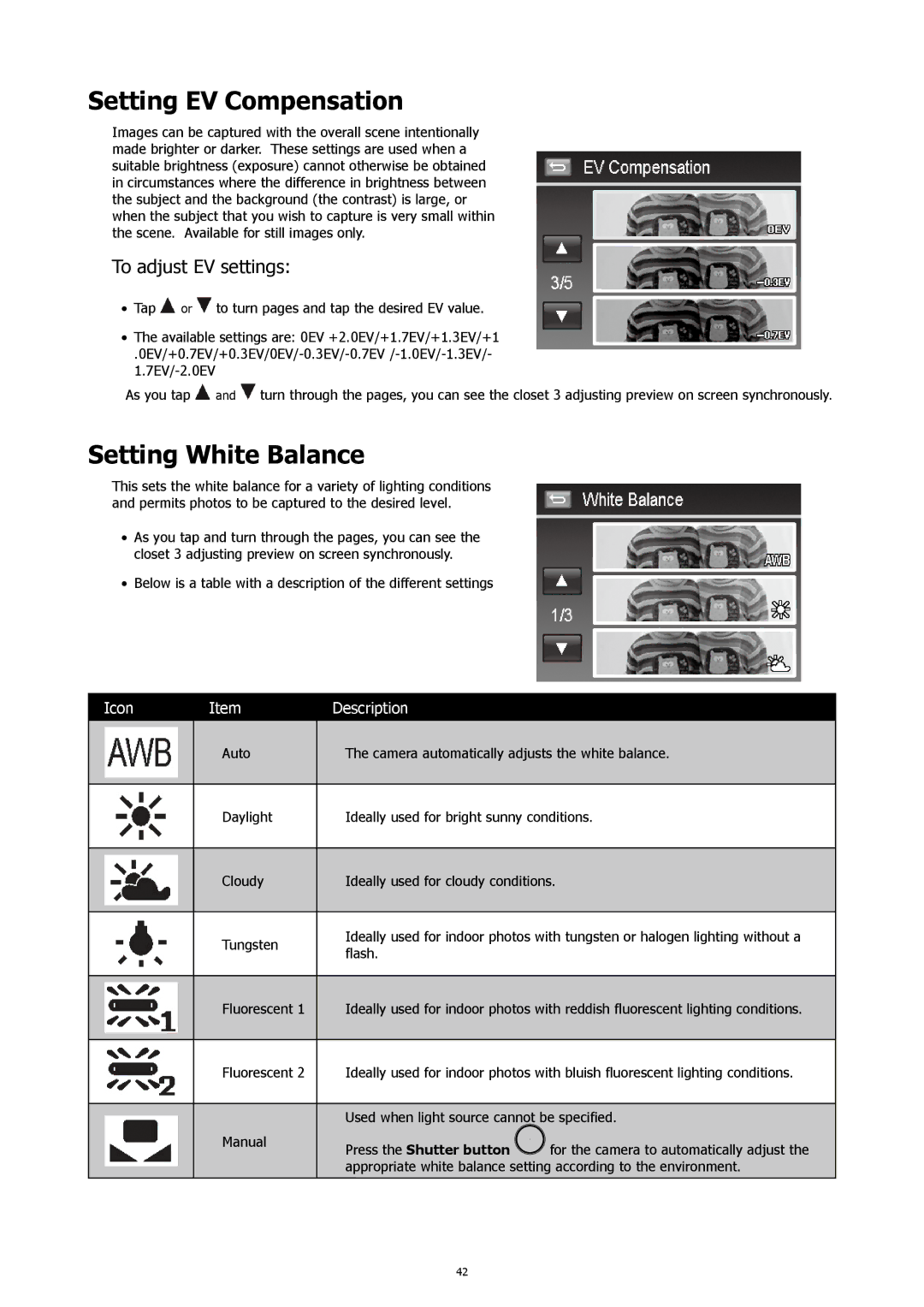 HP 460t manual Setting EV Compensation, Setting White Balance, To adjust EV settings 