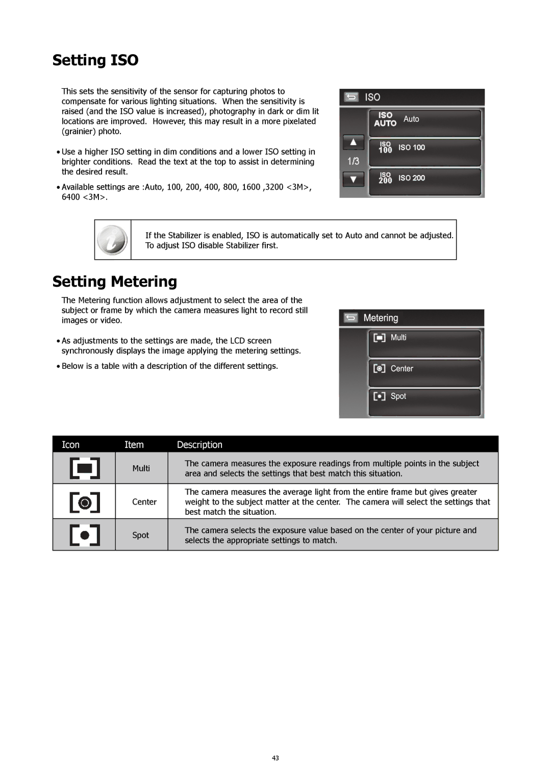 HP 460t manual Setting ISO, Setting Metering 