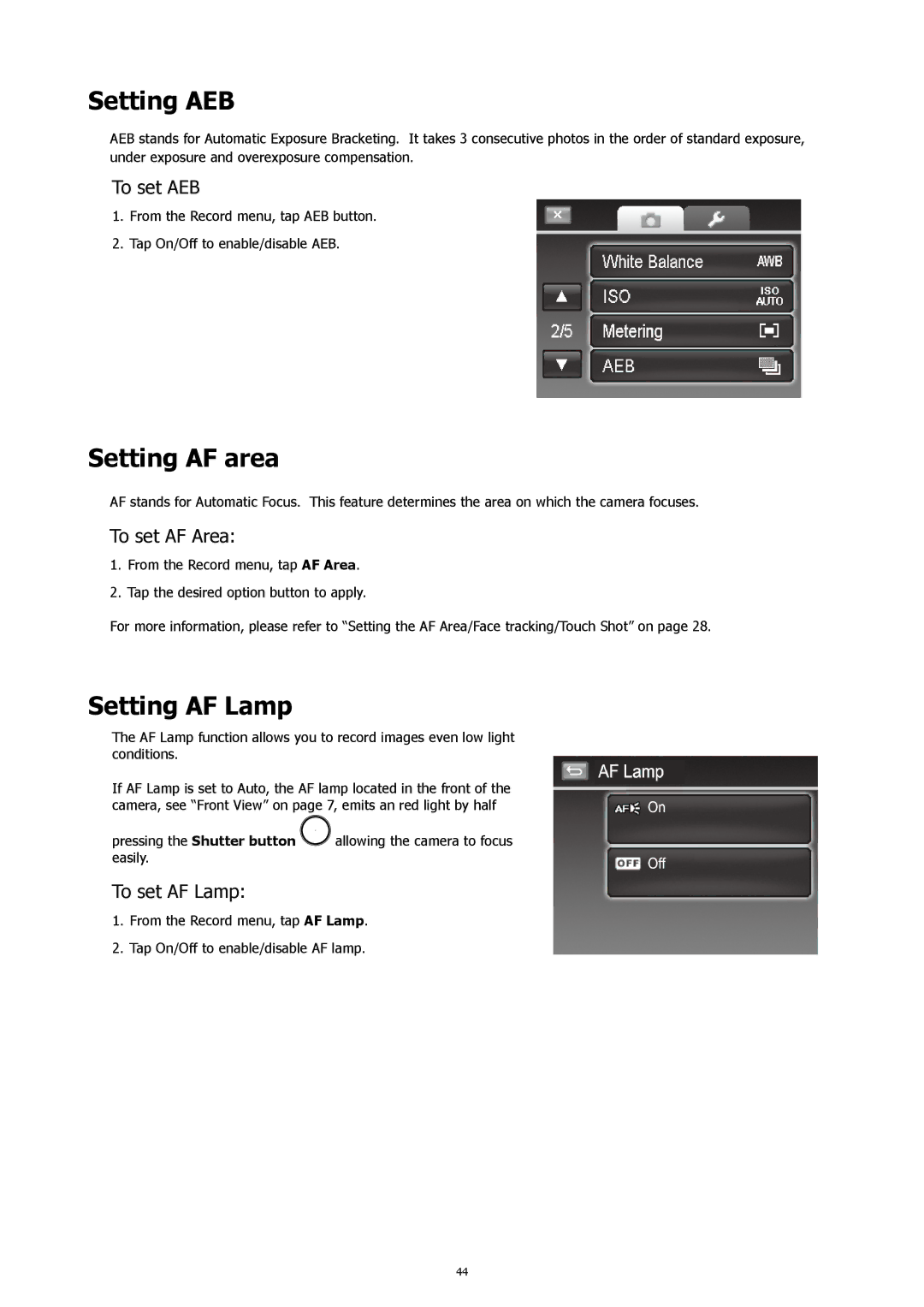 HP 460t manual Setting AEB, Setting AF area, Setting AF Lamp, To set AEB, To set AF Lamp 