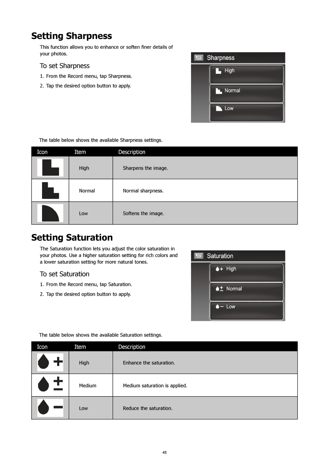 HP 460t manual Setting Sharpness, Setting Saturation, To set Sharpness, To set Saturation 