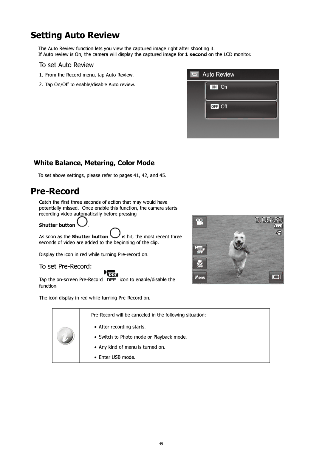 HP 460t manual Setting Auto Review, To set Auto Review, White Balance, Metering, Color Mode, To set Pre-Record 