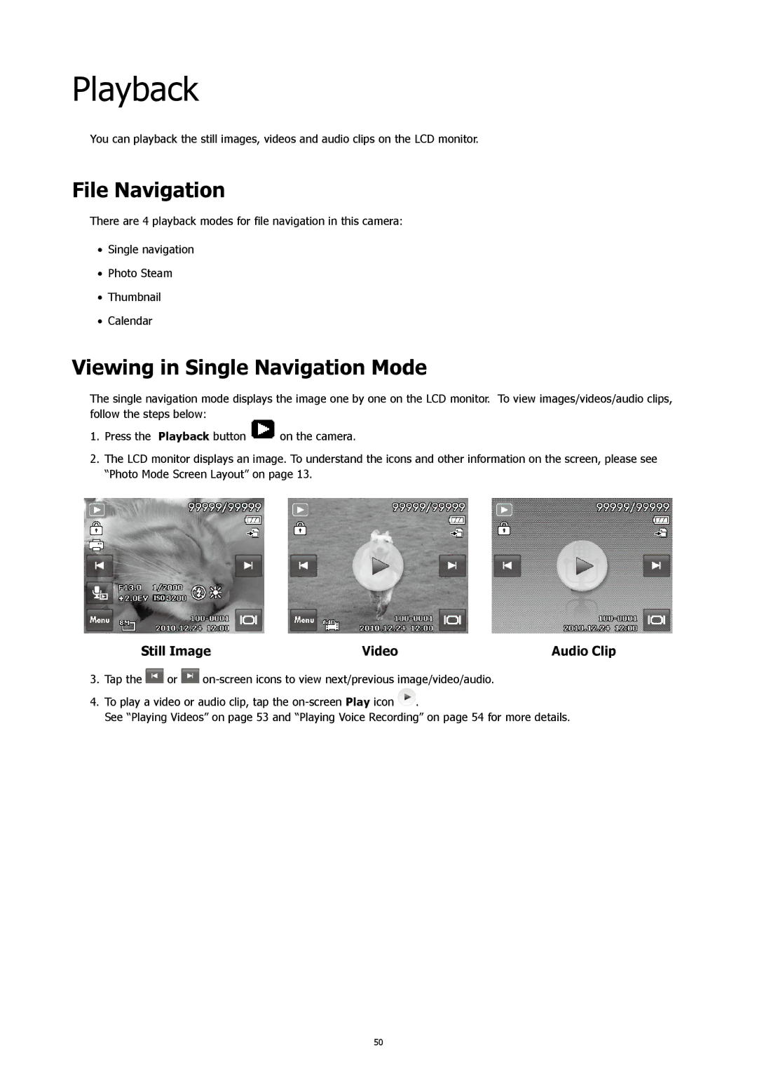 HP 460t manual Playback, File Navigation, Viewing in Single Navigation Mode 