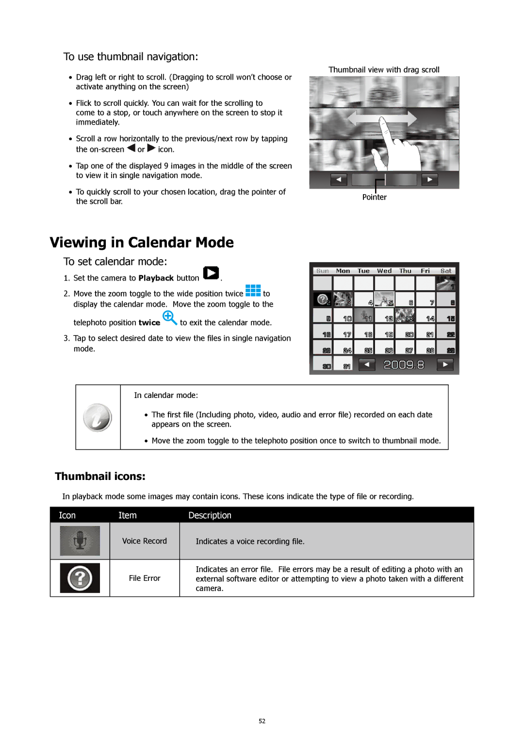 HP 460t manual Viewing in Calendar Mode, To use thumbnail navigation, To set calendar mode, Thumbnail icons 