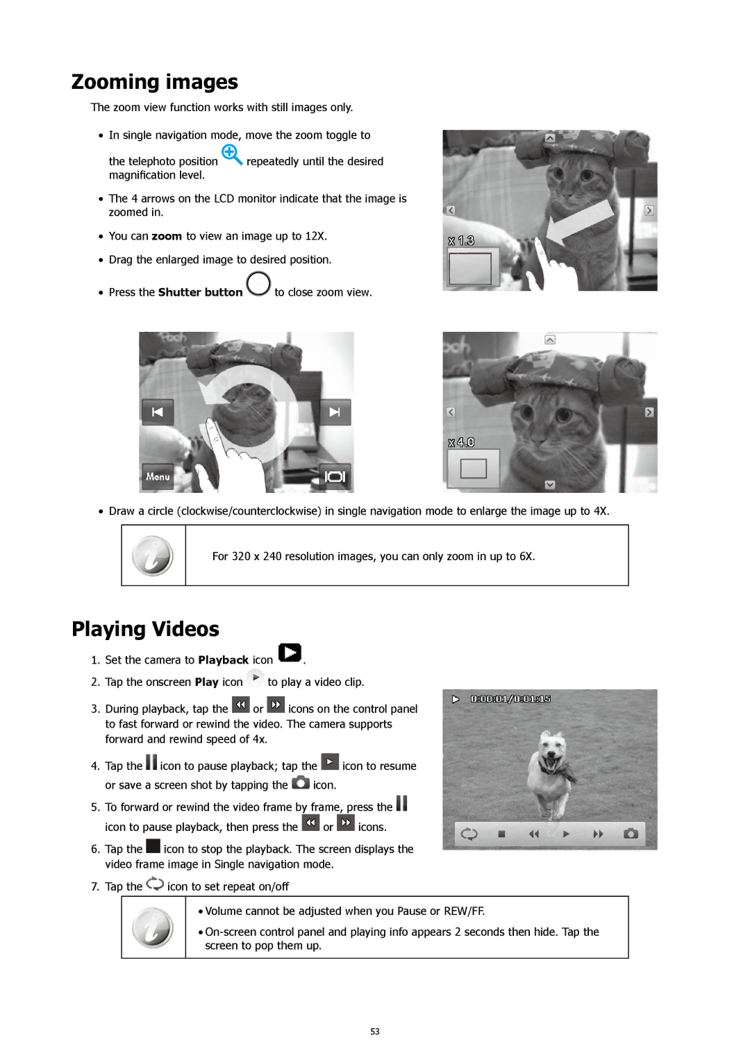 HP 460t manual Zooming images, Playing Videos 