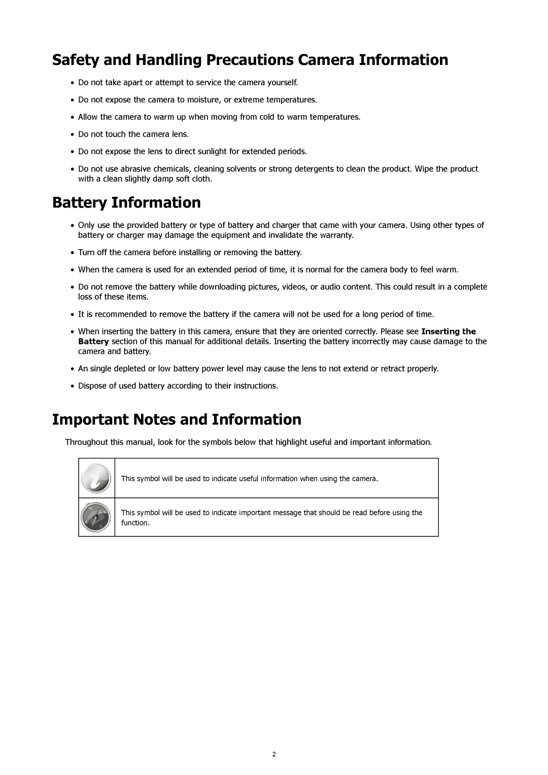 HP 460t manual Safety and Handling Precautions Camera Information, Battery Information, Important Notes and Information 