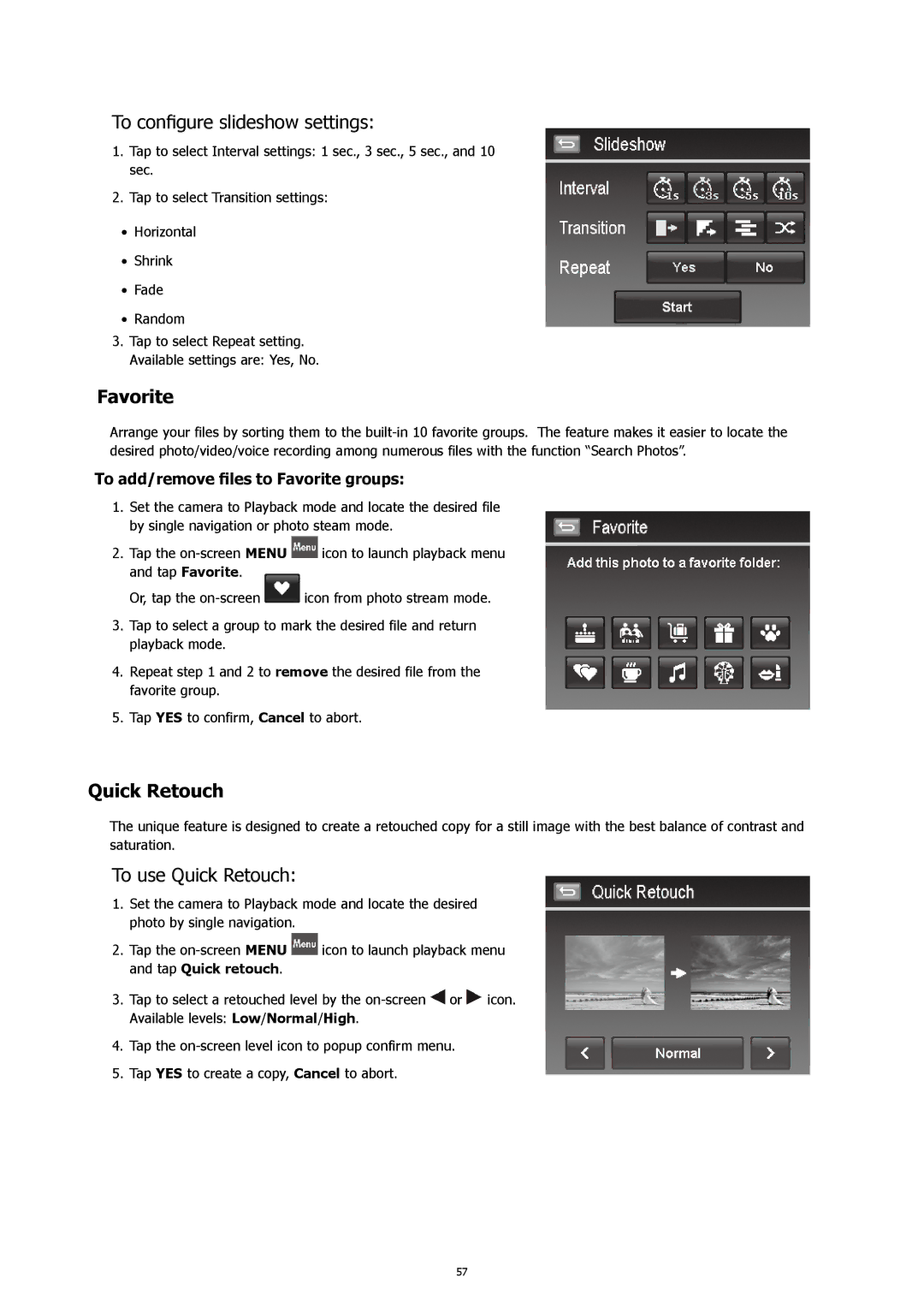 HP 460t manual To configure slideshow settings, Favorite, To use Quick Retouch 